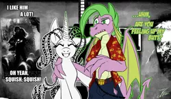 Size: 1250x725 | Tagged: safe, artist:jamescorck, derpibooru import, spike, oc, oc:movie slate, anthro, dragon, pony, unicorn, image, older, png, winged spike, wings