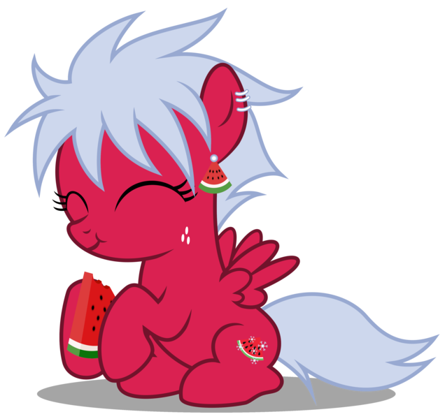 Size: 3570x3370 | Tagged: safe, artist:strategypony, derpibooru import, oc, oc:melon frost, unofficial characters only, pegasus, pony, cute, eating, eyes closed, female, filly, foal, food, freckles, fruit, herbivore, image, png, simple background, sitting, transparent background, watermelon, wings