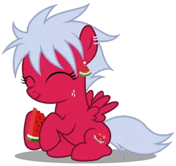 Size: 3570x3370 | Tagged: safe, artist:strategypony, derpibooru import, oc, oc:melon frost, unofficial characters only, pegasus, pony, cute, eating, eyes closed, female, filly, foal, food, freckles, fruit, herbivore, image, png, simple background, sitting, transparent background, watermelon, wings