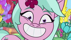 Size: 720x404 | Tagged: safe, derpibooru import, screencap, earth pony, pony, my little pony: tell your tale, spoiler:tyts01e16, animated, bean mouth, creepy, creepy smile, dahlia (g5), desperate, eye twitch, female, flower, g5, gif, image, mare, neighfever, smiling, solo