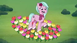 Size: 3410x1920 | Tagged: safe, derpibooru import, screencap, earth pony, pony, my little pony: tell your tale, spoiler:g5, spoiler:my little pony: tell your tale, spoiler:tyts01e16, dahlia (g5), female, flower, g5, high res, image, jpeg, mare, neighfever, open mouth, solo, youtube link