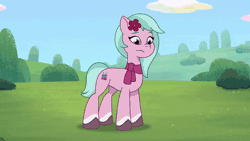 Size: 800x450 | Tagged: safe, derpibooru import, screencap, sunny starscout, earth pony, my little pony: tell your tale, spoiler:g5, spoiler:my little pony: tell your tale, spoiler:tyts01e16, animated, dahlia (g5), dancing, disappointed, earth pony magic, flower, flower in hair, g5, gif, grass, image, magic, magic glow, magnifying glass, neighfever, sad, sparkles, youtube link