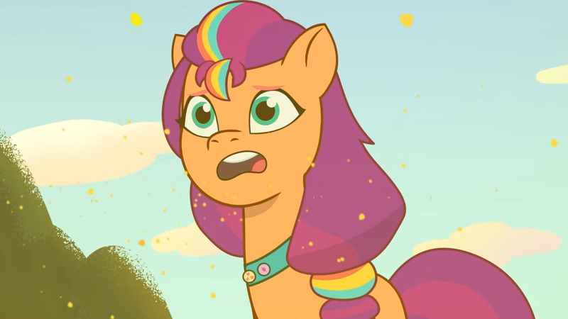 Size: 3410x1920 | Tagged: safe, derpibooru import, screencap, sunny starscout, earth pony, pony, my little pony: tell your tale, spoiler:g5, spoiler:my little pony: tell your tale, spoiler:tyts01e16, female, g5, high res, image, jpeg, mare, neighfever, open mouth, pollen, solo, youtube link