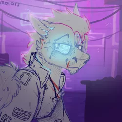 Size: 2300x2300 | Tagged: safe, artist:molars, derpibooru import, pegasus, augmented, background, city, clothes, cyberpunk, image, jacket, neon, patch, png, prosthetic eye, prosthetics, sketch, solo, wip