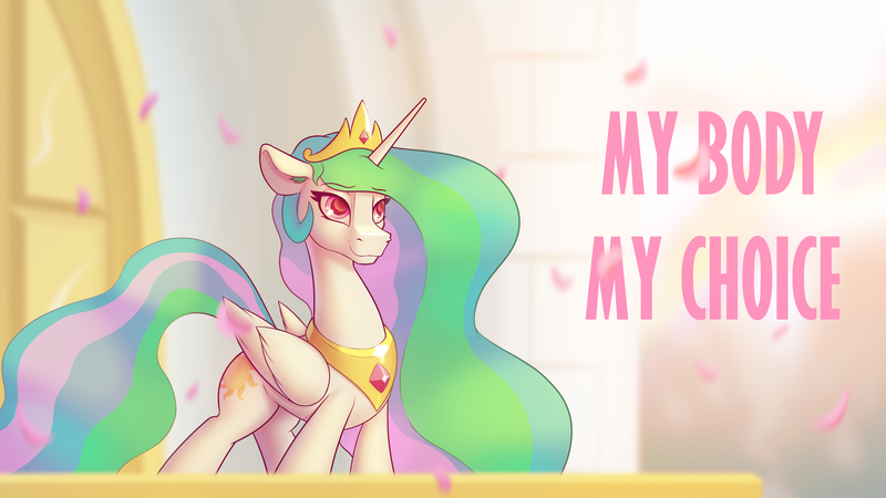 Size: 3840x2160 | Tagged: safe, artist:cocaine, derpibooru import, princess celestia, alicorn, pony, abortion, balcony, castle, crown, current events, female, image, implied abortion, jewelry, lidded eyes, mare, mouthpiece, petals, peytral, png, politics, regalia, smiling, solo