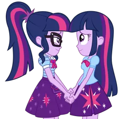 Size: 1968x1921 | Tagged: safe, artist:biggernate91, derpibooru import, editor:biggernate91, sci-twi, twilight sparkle, equestria girls, equestria girls series, bowtie, clothes, cute, female, geode of telekinesis, holding hands, image, lesbian, magical geodes, png, self paradox, self ponidox, selfcest, shipping, simple background, skirt, smiling, transparent background, twitwi, twolight, vector