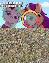 Size: 500x633 | Tagged: safe, derpibooru import, edit, edited screencap, screencap, sunny starscout, earth pony, human, pony, my little pony: tell your tale, spoiler:tyts01e16, dahlia (g5), g5, image, jpeg, magnifying glass, neighfever, where's waldo