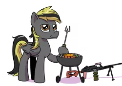 Size: 2923x2067 | Tagged: safe, artist:pony-berserker, derpibooru import, oc, oc:midnight blaze, pegasus, fork, grill, gun, image, looking at you, png, requested art, rifle, simple background, weapon