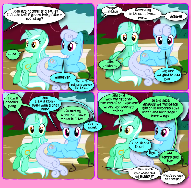 Size: 868x852 | Tagged: safe, artist:dziadek1990, derpibooru import, edit, edited screencap, screencap, linky, lyra heartstrings, shoeshine, pony, dragonshy, actor, censored, censored vulgarity, comic, conversation, dialogue, horse taxes, image, looking at you, png, screencap comic, text, tv show