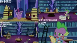 Size: 1280x720 | Tagged: safe, derpibooru import, edit, edited screencap, editor:quoterific, screencap, spike, twilight sparkle, twilight sparkle (alicorn), alicorn, dragon, pony, made in manehattan, season 5, book, bored, duo, female, floppy ears, image, jpeg, male, mare, nose in the air, open mouth, text, twilight's castle