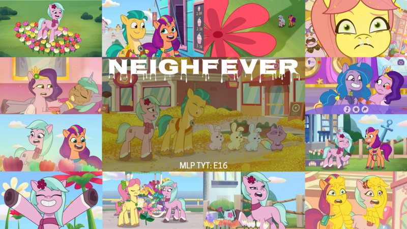 Size: 1280x720 | Tagged: safe, derpibooru import, edit, edited screencap, editor:quoterific, screencap, hitch trailblazer, izzy moonbow, pipp petals, posey (g5), sunny starscout, alicorn, bunnycorn, earth pony, pegasus, pony, rabbit, my little pony: tell your tale, spoiler:g5, spoiler:my little pony: tell your tale, spoiler:tyts01e16, animal, dahlia (g5), eyes closed, female, flower, g5, image, male, mare, mud, neighfever, open mouth, open smile, png, raccorn, smiling, sneezing, stallion, text
