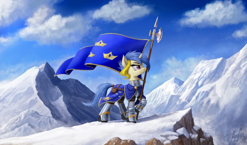 Size: 4400x2598 | Tagged: safe, artist:magfen, derpibooru import, oc, unofficial characters only, pony, unicorn, armor, cloud, flag, image, mountain, mountain range, png, scenery, sky, solo