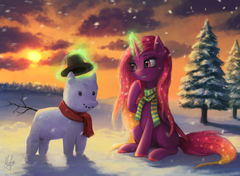 Size: 2800x2055 | Tagged: safe, artist:magfen, derpibooru import, oc, oc:cosima, unofficial characters only, pony, unicorn, clothes, image, jpeg, scarf, snow, snowfall, snowpony, solo, striped scarf, tree, winter