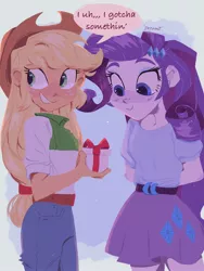 Size: 1536x2048 | Tagged: safe, artist:dreamz, derpibooru import, applejack, rarity, equestria girls, applejack's hat, belt, box, clothes, cowboy hat, cute, denim, duo, eyeshadow, female, grin, hat, image, jackabetes, jeans, jpeg, lesbian, makeup, pants, present, raribetes, rarijack, shipping, shirt, skirt, smiling