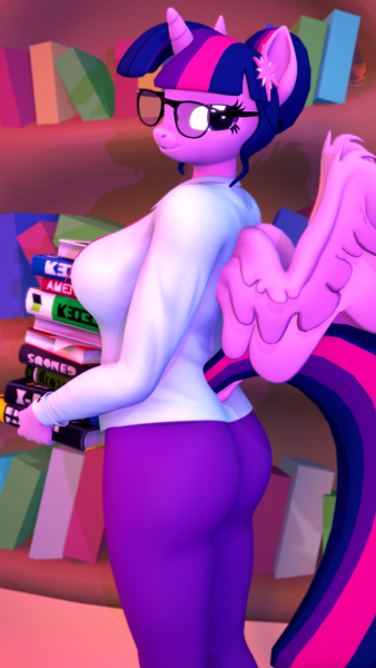 Size: 2160x3840 | Tagged: safe, artist:silkworm205, derpibooru import, part of a set, sci-twi, twilight sparkle, twilight sparkle (alicorn), alicorn, anthro, art pack:pin-up paradise 2022, 3d, alternate hairstyle, bedroom eyes, book, bookhorse, bookshelf, bust, butt, carrying, clothes, dock, female, glasses, golden oaks library, high res, image, librarian, library, looking at you, looking back, necktie, pinup, png, portrait, revamped anthros, sci-twibutt, shirt, side view, solo, solo female, source filmmaker, tail, trousers
