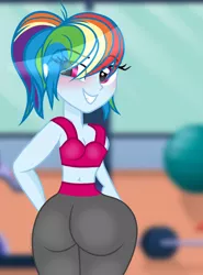 Size: 769x1039 | Tagged: safe, artist:sugarcubecreationz, derpibooru import, rainbow dash, human, equestria girls, equestria girls (movie), equestria girls series, rainbow rocks, anatomically incorrect, ass, big breasts, blurry background, breasts, butt, clothes, complex background, focus, gym, gym uniform, humanized, image, jpeg, large butt, looking at you, looking back, ponytail, rainbutt dash, raised eyebrow, smiling, smirk, solo, wide hips