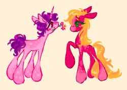 Size: 500x353 | Tagged: safe, artist:webkinzworldz, big macintosh, sugar belle, earth pony, pony, unicorn, alternate design, couple, dappled, female, flower, flower in mouth, image, lesbian, looking at each other, mare, mouth hold, png, profile, raised hoof, rule 63, shipping, short hair, simple background, smiling at each other, standing, sugarmac, yellow background