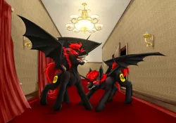 Size: 6000x4195 | Tagged: safe, artist:vendigo, derpibooru import, oc, unofficial characters only, alicorn, bat pony, bat pony alicorn, bat wings, carpet, chandelier, corridor, curtains, duo, horn, image, png, red carpet, teeth, wings