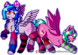 Size: 2920x2080 | Tagged: suggestive, derpibooru import, oc, oc:candy fluff, oc:sweet tooth, unofficial characters only, pegasus, advertisement, bisexual pride flag, brown eyes, chest fluff, clothes, cum, green eyes, horns, horny, image, lesbian pride flag, patreon, patreon link, patreon logo, patreon preview, patreon reward, pegasus oc, png, pride, pride flag, simple background, socks, stockings, striped socks, thigh highs, transparent background, vaginal secretions, wings