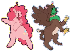 Size: 1609x1155 | Tagged: safe, artist:greenarsonist, derpibooru import, pinkie pie, oc, oc:frizz, gryphon, pegasus, pony, birthday, cat ears, celebration, chubby, collar, dancing, fat, feathered wings, griffon oc, hat, image, male, nonbinary, nonbinary pride flag, pansexual, pansexual pride flag, party hat, paws, pegasus pinkie pie, png, pride, pride flag, pudgy pie, race swap, simple background, smiling, spread wings, trans male, transgender, transgender pride flag, transparent background, unshorn fetlocks, wings