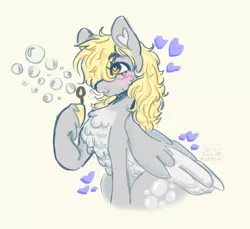 Size: 500x458 | Tagged: safe, artist:equestrianartneighseum, derpy hooves, pegasus, pony, blowing bubbles, blushing, chest fluff, coat markings, colored hooves, colored wings, cute, female, floating heart, folded wings, heart, hoof hold, image, mare, png, solo, unshorn fetlocks, wings