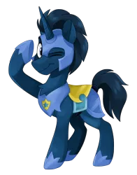 Size: 2324x2961 | Tagged: safe, artist:luximus17, derpibooru import, oc, oc:slashing prices, unofficial characters only, pony, unicorn, armor, armor skirt, badge, chest fluff, chestplate, clothes, commission, ear fluff, eyebrows, helmet, high res, hoof shoes, horn, image, male, one eye closed, png, raised hoof, royal guard, royal guard armor, salute, simple background, skirt, smiling, solo, stallion, tack, transparent background, unicorn oc, wink
