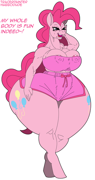 Size: 2146x4051 | Tagged: questionable, artist:habbodude, artist:tracerpainter, derpibooru import, edit, pinkie pie, anthro, earth pony, unguligrade anthro, adorasexy, balloonbutt, big breasts, breasts, busty pinkie pie, butt, colored, curvy, cute, cutie mark, female, hand on head, hand on hip, happy, hoers, hourglass figure, huge butt, hyper, hyper butt, image, impossibly large butt, impossibly large thighs, impossibly wide hips, large butt, nipple slip, nipples, nudity, open mouth, png, sexy, simple background, solo, solo female, stupid sexy pinkie, talking, talking to herself, text, the ass was fat, thick, thighs, thunder thighs, tight clothing, tights, walking, wardrobe malfunction, white background, wide hips, workout outfit