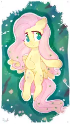 Size: 1280x2276 | Tagged: safe, artist:fipoki, derpibooru import, fluttershy, pegasus, pony, aside glance, blushing, female, grass, image, leaves, leaves in hair, looking at you, lying down, mare, on back, outline, overhead view, png, sideways glance, smiling, solo, spread wings, underhoof, wings