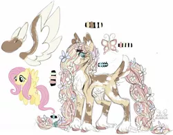 Size: 1280x1003 | Tagged: safe, artist:equestrianartneighseum, part of a set, fluttershy, pegasus, pony, alternate cutie mark, alternate design, blaze (coat marking), braid, braided tail, chest fluff, coat markings, colored hooves, colored wings, female, flower, flower in hair, heart eyes, image, jpeg, long hair, looking at you, mare, multicolored wings, redesign, self paradox, simple background, socks (coat marking), solo, tail feathers, twitterina design, unshorn fetlocks, white background, wingding eyes, wings