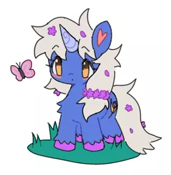 Size: 1104x1125 | Tagged: safe, artist:10uhh, derpibooru import, oc, oc:moonflower, unofficial characters only, butterfly, insect, pony, unicorn, female, flower, flower in hair, grass, horn, image, jpeg, simple background, solo, white background