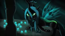 Size: 4000x2250 | Tagged: safe, artist:enteryourponyname, derpibooru import, queen chrysalis, changeling, changeling queen, cave, cavern, close-up, creepy, female, flower, image, lineless, png, solo