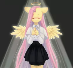 Size: 3229x3000 | Tagged: safe, artist:melodylibris, derpibooru import, fluttershy, anthro, pegasus, pony, christianity, cross, cross necklace, eyes closed, female, halo, high res, image, jewelry, jpeg, light, mare, necklace, smiling, solo, spread wings, wings