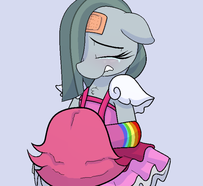 Size: 660x604 | Tagged: safe, artist:datte-before-dawn, marble pie, earth pony, pony, bandage, bipedal, clothes, clown, crying, drawthread, dress, female, image, mare, png, simple background, solo