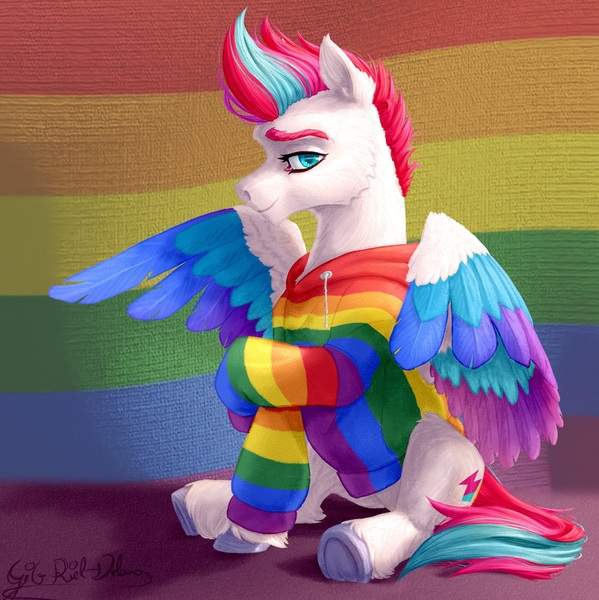 Size: 1257x1259 | Tagged: safe, artist:thatonegib, derpibooru import, zipp storm, pegasus, pony, clothes, colored wings, commission, female, g5, hoodie, image, jpeg, looking at you, mare, multicolored hair, multicolored wings, pride, pride flag, pride month, sitting, smiling, solo, wings, ych result