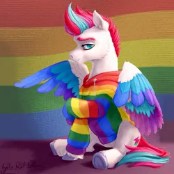 Size: 1257x1259 | Tagged: safe, artist:thatonegib, derpibooru import, zipp storm, pegasus, pony, clothes, colored wings, commission, female, g5, hoodie, image, jpeg, looking at you, mare, multicolored hair, multicolored wings, pride, pride flag, pride month, sitting, smiling, solo, wings, ych result