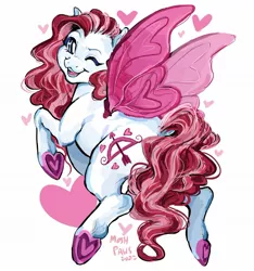 Size: 1280x1365 | Tagged: safe, artist:moshpaws, always and forever, pegasus, pony, butterfly wings, colored hooves, female, floating heart, flying, g3, heart, image, jpeg, looking at you, looking back, looking back at you, mare, open mouth, open smile, race swap, simple background, smiling, smiling at you, solo, underhoof, white background, wings