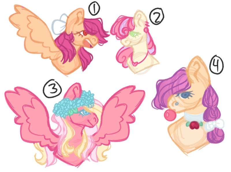 Size: 1280x953 | Tagged: safe, artist:pixiesimm, derpibooru import, oc, unofficial characters only, earth pony, pegasus, pony, bow, braid, bubblegum, female, floral head wreath, flower, flower in hair, food, gum, hair bow, half-siblings, image, jewelry, magical lesbian spawn, mare, necklace, offspring, parent:apple bloom, parent:applejack, parent:big macintosh, parent:fluttershy, parent:rarity, parent:scootaloo, parent:sweetie belle, parents:fluttermac, parents:rarijack, parents:scootabloom, parents:sweetiebloom, png, simple background, spread wings, transparent background, wings