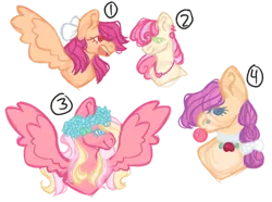 Size: 1280x953 | Tagged: safe, artist:pixiesimm, derpibooru import, oc, unofficial characters only, earth pony, pegasus, pony, bow, braid, bubblegum, female, floral head wreath, flower, flower in hair, food, gum, hair bow, half-siblings, image, jewelry, magical lesbian spawn, mare, necklace, offspring, parent:apple bloom, parent:applejack, parent:big macintosh, parent:fluttershy, parent:rarity, parent:scootaloo, parent:sweetie belle, parents:fluttermac, parents:rarijack, parents:scootabloom, parents:sweetiebloom, png, simple background, spread wings, transparent background, wings