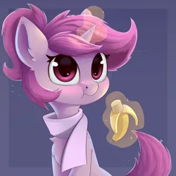 Size: 960x960 | Tagged: safe, artist:anti1mozg, derpibooru import, oc, oc:lavrushka, unofficial characters only, pony, unicorn, banana, chest fluff, clothes, eating, female, food, image, looking at you, magic, png, scarf, simple background, solo, telekinesis