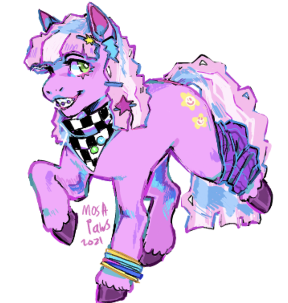 Size: 1280x1348 | Tagged: safe, artist:moshpaws, cheerilee, earth pony, pony, 80's fashion, 80s, accessories, alternate design, bandana, bracelet, braces, colored hooves, ear piercing, earring, female, hairclip, image, jewelry, leg warmers, mare, piercing, png, simple background, smiling, solo, unshorn fetlocks, white background, younger