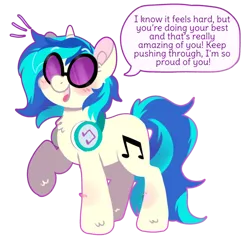 Size: 500x475 | Tagged: safe, artist:bubaiuv, vinyl scratch, pony, unicorn, blushing, female, headphones, image, mare, open mouth, png, positive ponies, raised hoof, simple background, solo, speech bubble, standing, talking, talking to viewer, text, transparent background, vinyl's glasses