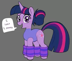 Size: 2292x1951 | Tagged: safe, artist:_ton618_, derpibooru import, twilight sparkle, pony, unicorn, alternate hairstyle, clothes, female, hair bun, image, jpeg, leg warmers, leotard, mare, speech bubble, sweat, unicorn twilight, weight loss, workout