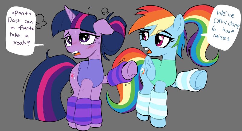 Size: 3600x1959 | Tagged: safe, artist:_ton618_, derpibooru import, rainbow dash, twilight sparkle, pegasus, pony, unicorn, alternate hairstyle, annoyed, blue coat, blushing, clothes, duo, exhausted, female, floppy ears, gray background, hair bun, image, jpeg, leg warmers, leotard, lidded eyes, looking at someone, looking up, mare, messy mane, messy tail, multicolored mane, multicolored tail, open mouth, pink eyes, ponytail, purple coat, purple eyes, raised hoof, shivering, simple background, speech bubble, steam, sweat, sweatband, teeth, tired, unicorn twilight, workout