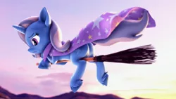 Size: 3840x2160 | Tagged: safe, artist:psfmer, derpibooru import, trixie, pony, unicorn, 3d, broom, butt, cape, clothes, cute, cutie mark, diatrixes, eyelashes, female, flying, flying broomstick, horn, image, jpeg, mare, plot, sad, skyline, solo, source filmmaker, the great and powerful ass, trixie's cape, unshorn fetlocks