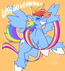 Size: 500x548 | Tagged: safe, artist:makanioverlord, rainbow dash, pegasus, pony, colored hooves, female, image, lesbian, lesbian pride flag, mare, one eye closed, orange background, png, pride, pride flag, simple background, smiling, solo, spread wings, wings