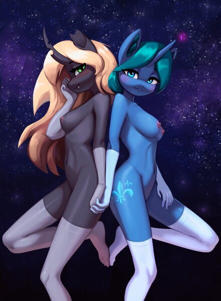 Size: 4000x5451 | Tagged: questionable, artist:mrscroup, oc, oc:arclight, oc:recina, anthro, changeling, unicorn, absurd resolution, changeling oc, clothes, duo, duo female, ear fluff, evening gloves, female, females only, gloves, holding hands, horn, image, jpeg, long gloves, socks, stockings, thigh highs, unicorn oc