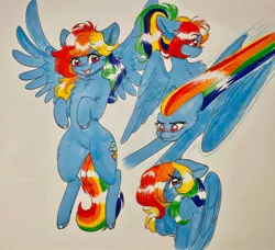 Size: 2048x1870 | Tagged: safe, artist:cherubisous, derpibooru import, rainbow dash, pegasus, pony, alternate hairstyle, blushing, chest fluff, crying, flying, image, jpeg, looking at you, marker drawing, ponytail, solo, spread wings, tongue out, traditional art, wings