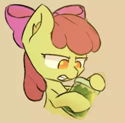 Size: 1372x1349 | Tagged: safe, artist:exoticeon, derpibooru import, apple bloom, earth pony, pony, female, filly, foal, gritted teeth, image, jar, png, solo, struggling, teeth, upset