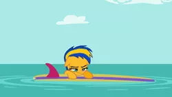 Size: 1280x720 | Tagged: safe, artist:mlpfan3991, derpibooru import, oc, oc:flare spark, pony, the point of no return, background, cloud, female, image, ocean, png, sky, solo, summer, surfboard, unamused, water, wipeout