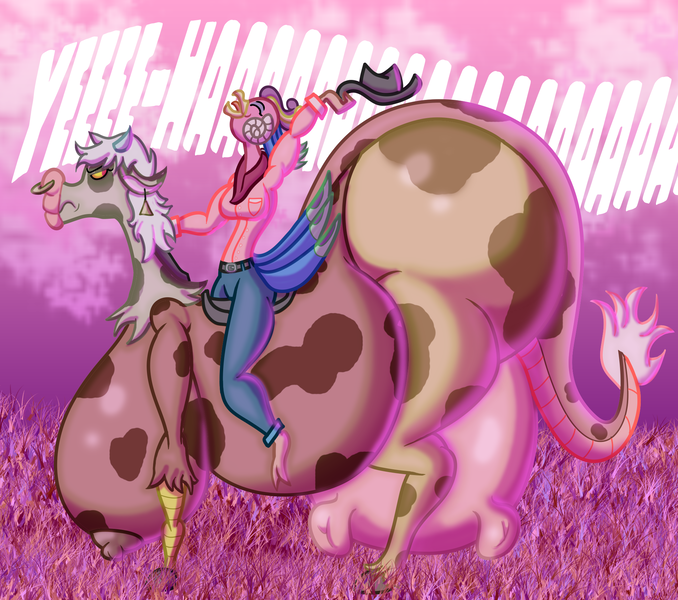 Size: 2002x1772 | Tagged: questionable, artist:jacalope, derpibooru import, discord, princess eris, anthro, cow, draconequus, angry, big breasts, breasts, butt, cousins, cowboy, cowboy hat, cowprint, eris, hat, huge breasts, huge butt, image, impossibly large breasts, impossibly large butt, impossibly large udder, large butt, nipples, nudity, png, quadrupedal chest boobs, rule 63, species swap